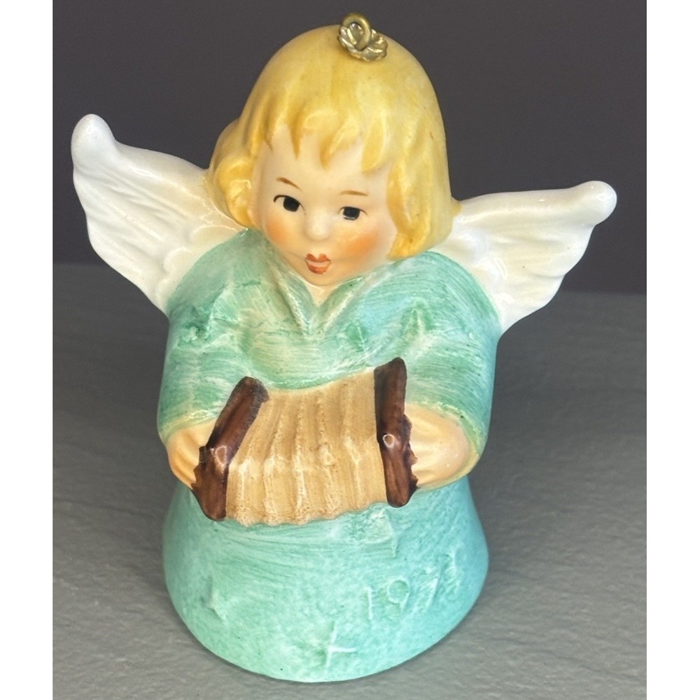 Vintage 1979 Goebel Angel Bell w Accordion Christmas Tree Ornament Green Dress